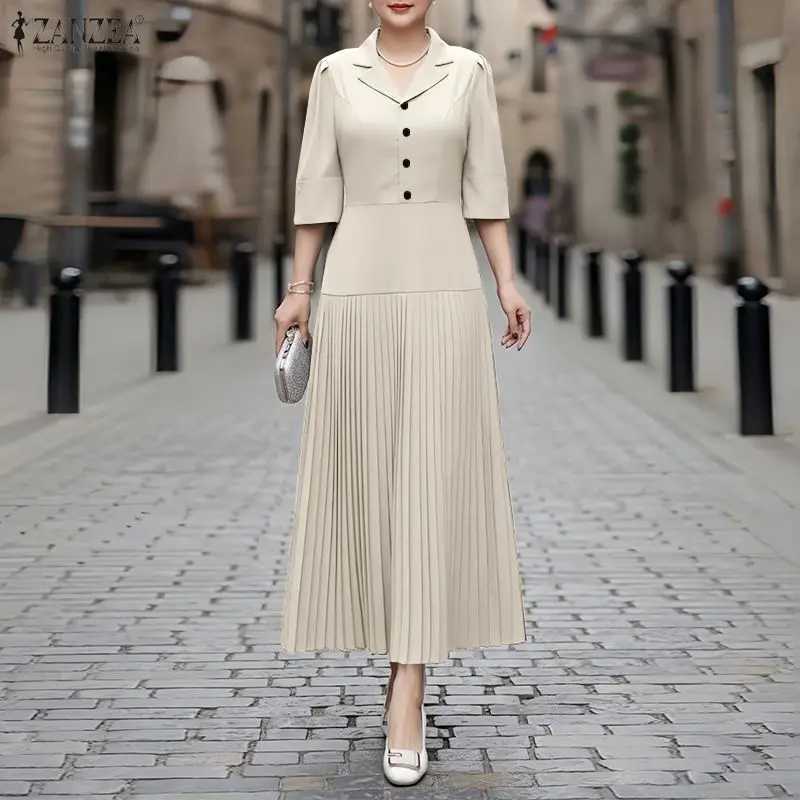 ZANZEA Elegant Women OL Work Dresses 2026 Summer Dress Lapel Neck Half Sleeve Sundress Solid Waisted A Line Pleated Robe VestidoT260314
