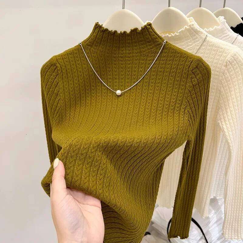 Knitted Pullovers New Long Sleeve Mock Neck White Knit Sweater Pullover Women Tops Sweaters Sueters De Mujer Q983 Z260314