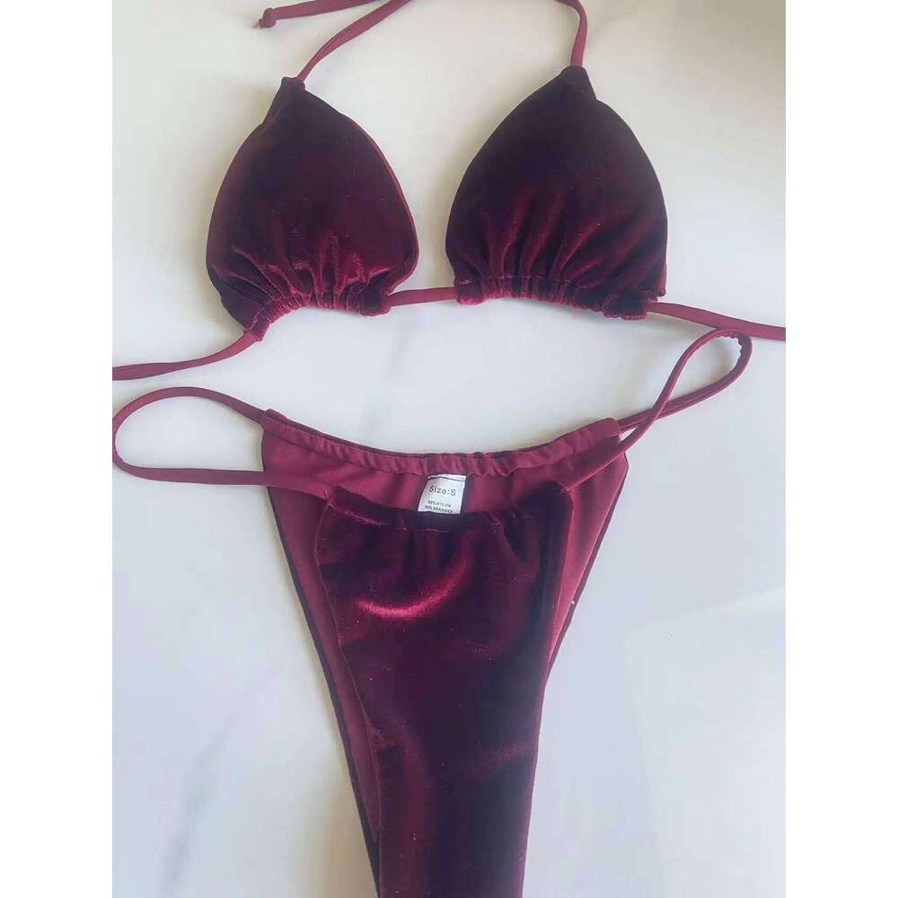 Velvet Bikini Thong Halter Strappy Swimsuit Classic Swimwear Two Piece Women 2024 Beach Outfit Triangle Bikinis Set Bathing Suit Y260303