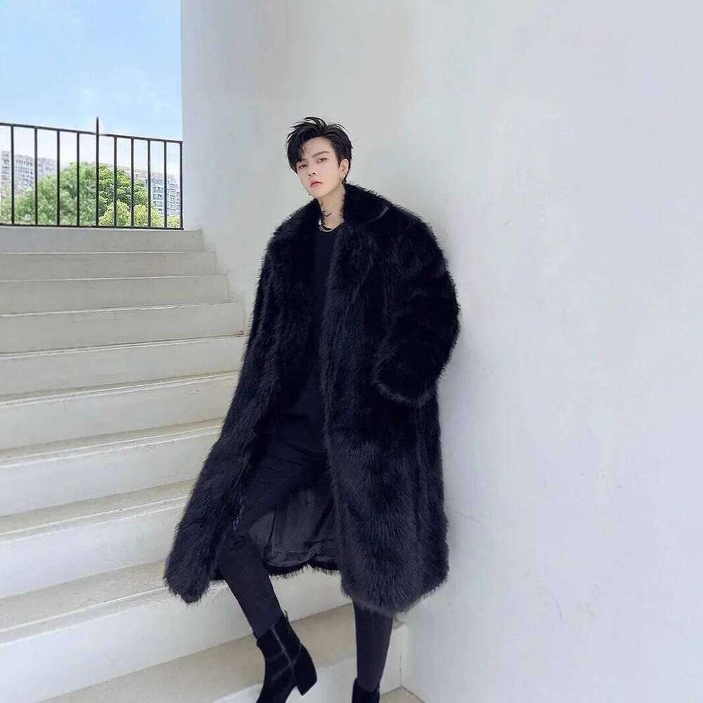 Men Faux Jacket Coat Fox Fur Solid Spliced Outerwear Winter Turn Down Collar Long Sleeve 2025 Overcoat High Street Loose Z260313