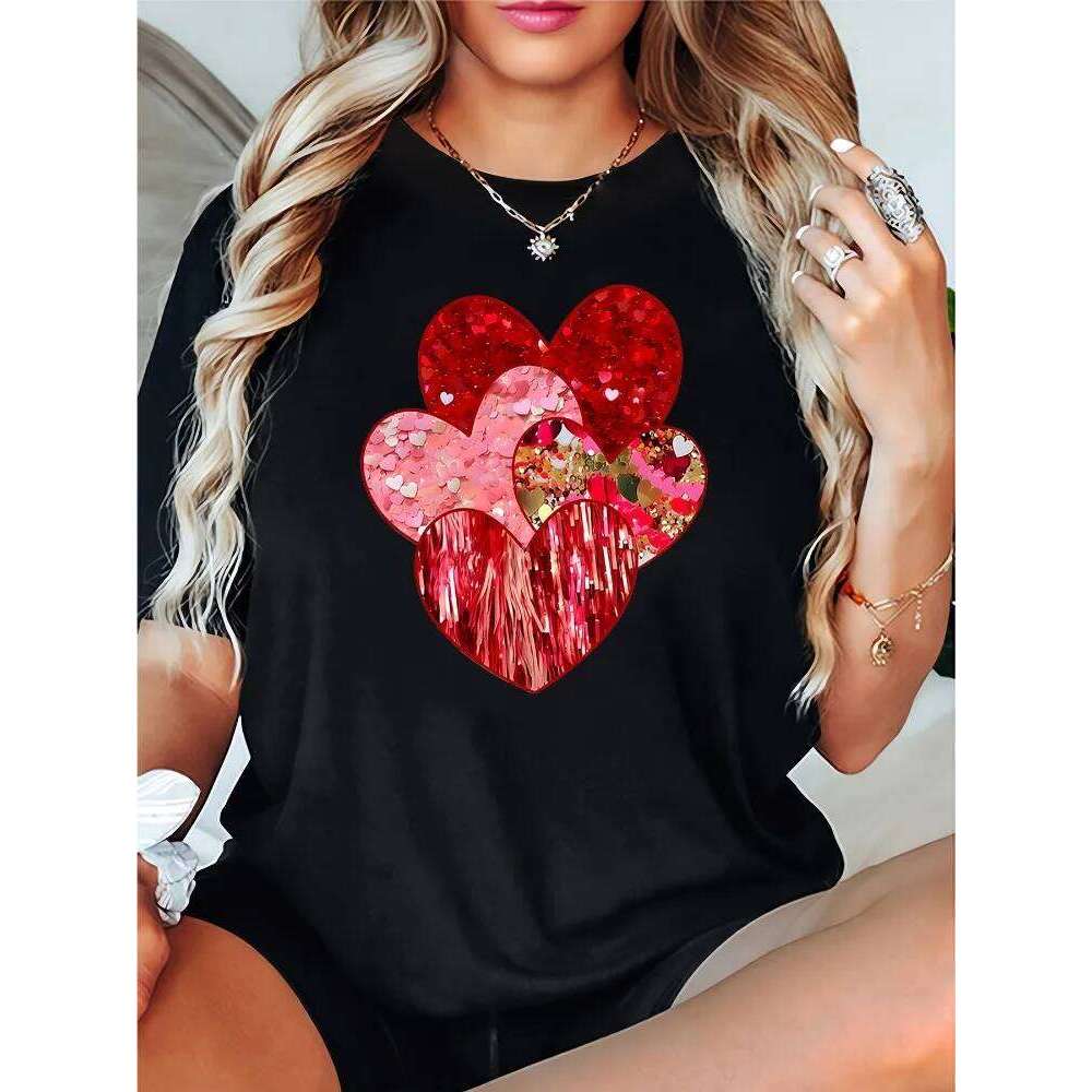 Ladies' Black and White T-shirt Celebrating Valentine's Day Gift Glitter Love Printed Pure Cotton Short Sleeve Top Z260314