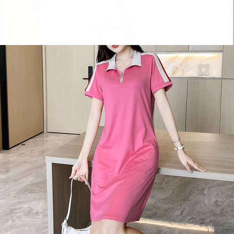 Women's Summer Pullover Turtleneck Solid Zipper Short Sleeve Casual Vacation Vintage Loose Elegant Knee Office Lady Dress Z260314