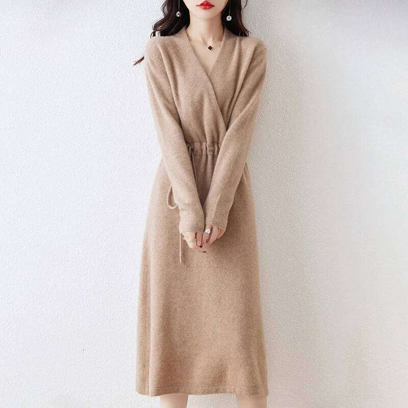 Autumn And Winter New 100% Pure Wool V-Neck Solid Color Lace-Up Long Cashmere Knit Bottoming Sweater Dress Z260314