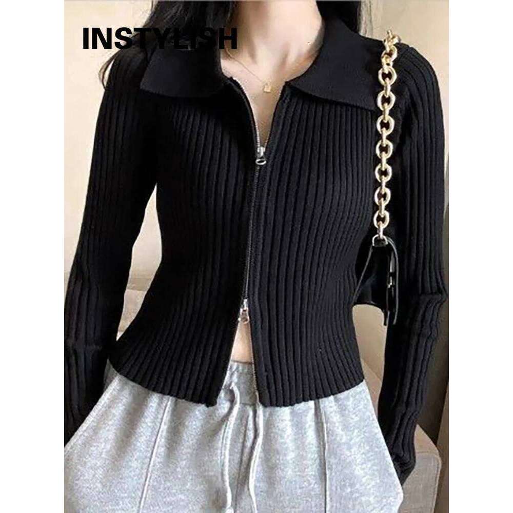 Elegant Korean Knitted Sweater Sexy Lapel Zipper Up Cardigan Women Vintage Harajuku Slim Coat Casual Ribbed Knit Cropped Tops Z260313