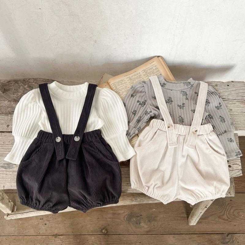 Women's Knits & Tees Children's Spring and Autumn Versatile Baby Girls' Stylish Floral Print Top with Puff Sleeves Ribbed T-Shirt for G