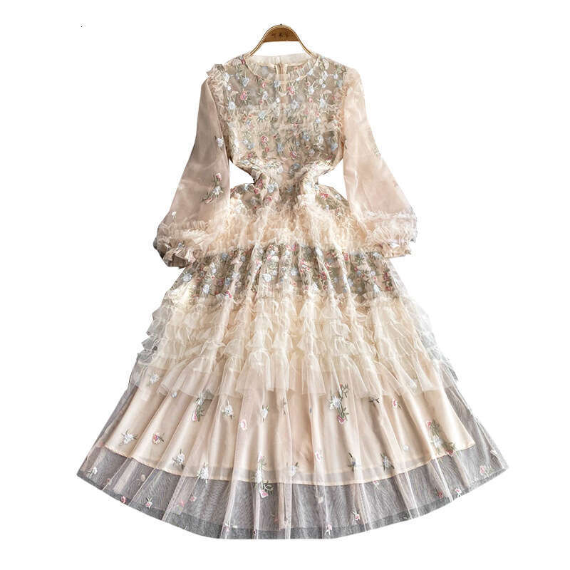 2026 Women's Palace Style Dress High end Light Luxury Embroidered Mesh Long Dress French Puff Sleeve