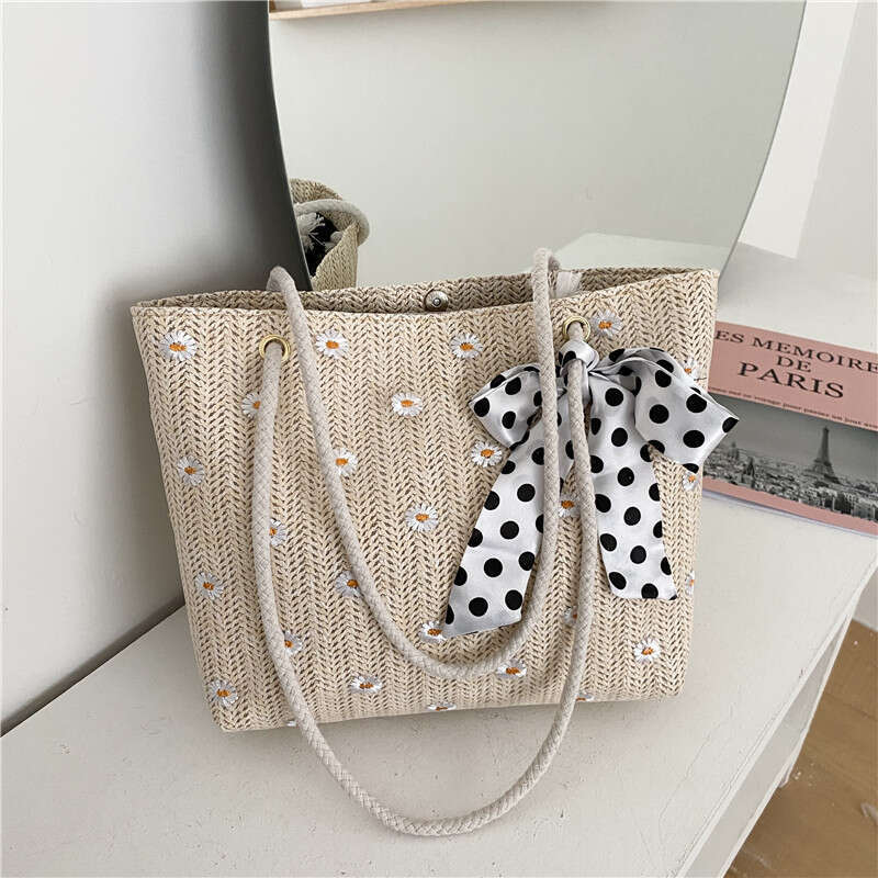 Women's New Style Straw Woven Scarf Single Shoulder Handbag Large Capacity Simple Big Trendy Vacation Beach Bag