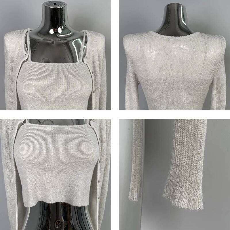 Solid Single-Breasted Tops Summer O-neck Long Sleeves Knitted Cardigan+Korean Slim Fit Tank Versatile Crop Top Two-Piece Set Z260313