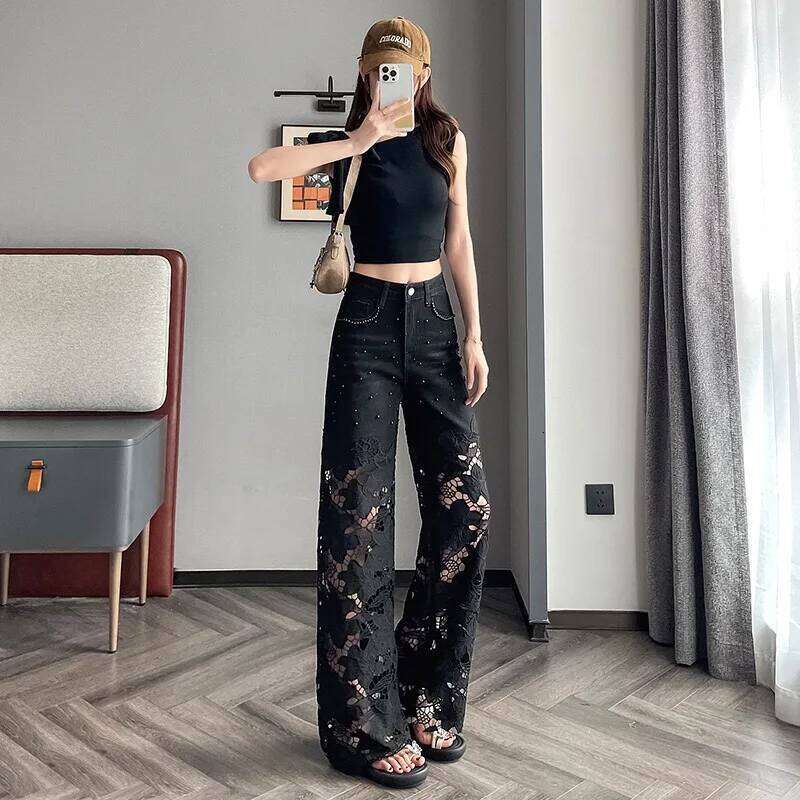 2025 Women's Denim Baggy Jeans flared Black Pants s Patchwork Lace Hollow Out Embroidery Straight New Summer Fashion Z260313