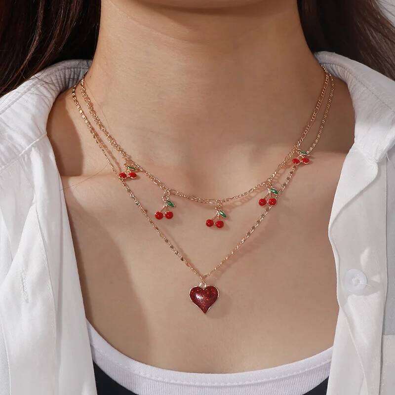 Aihua Boho Gold Color Red Heart Cherry Necklace Romantic Sweet Simple Clavicle Necklaces for Women Collar Fashion Jewelry Gifts H260312