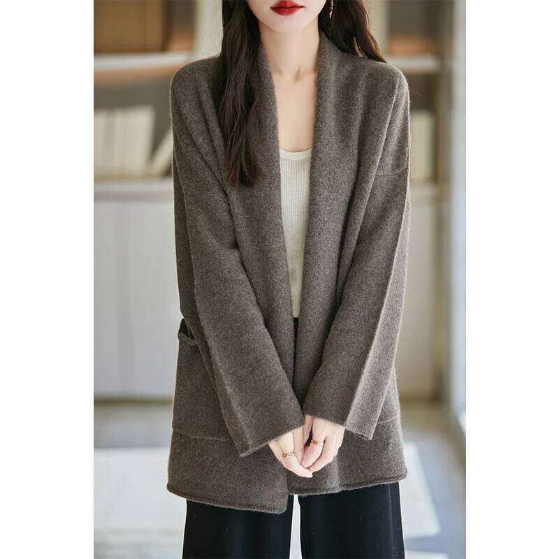 Christmas 100% Merino Wool 7-Needle Thick Knit Cardigan Loose Plus Size Top Women's Double Pocket Cashmere Coat Winter YYY2437 Z260313