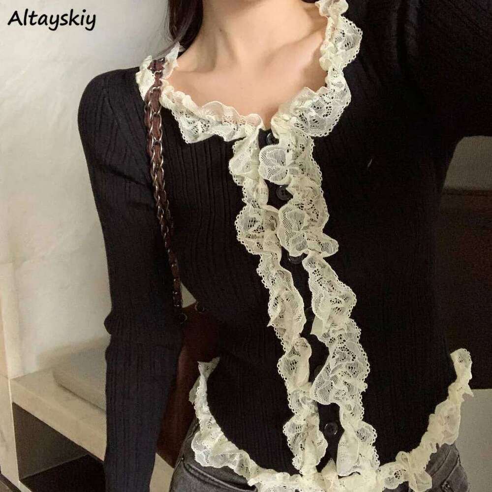 Women Cardigan Lace Patchwork Knitted Basic Tops Button-up Autumn Hotsweet Crop Sweater All-match Elegant Tender Casual Daily Z260313