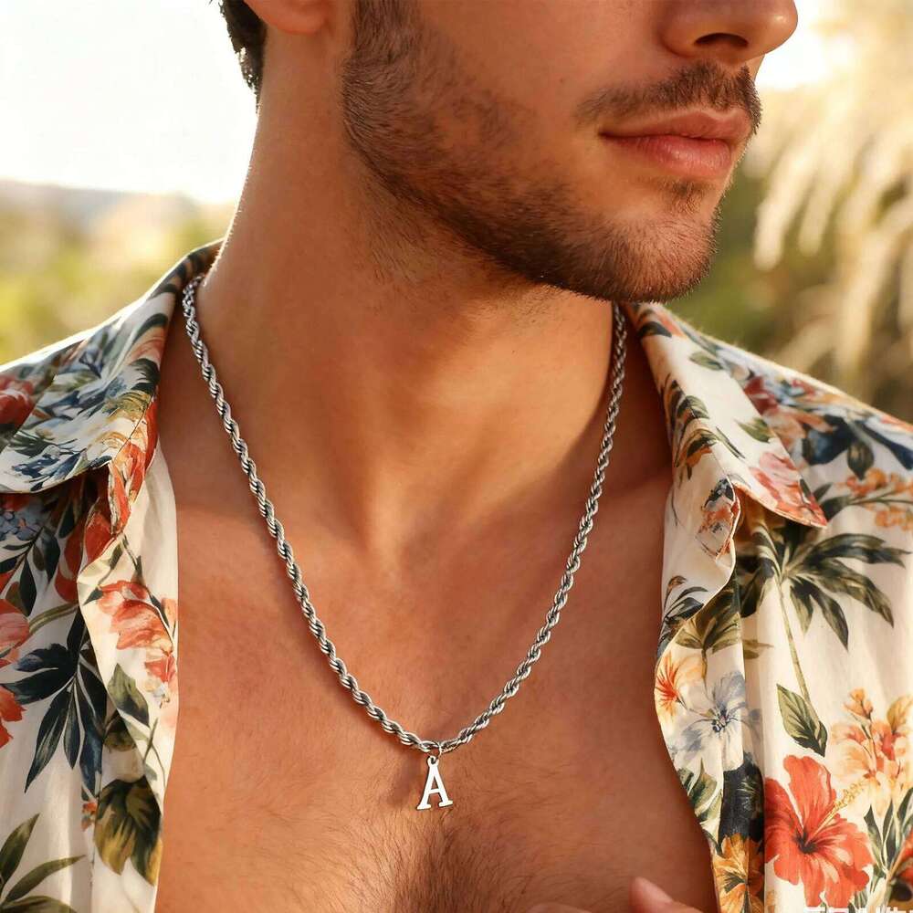 Initial Letters Necklaces for Men Boys,Stainless Steel A-Z 26 Alphabet Charm Pendant with 60CM/23.6" Twisted Rope Chain Gift H260312