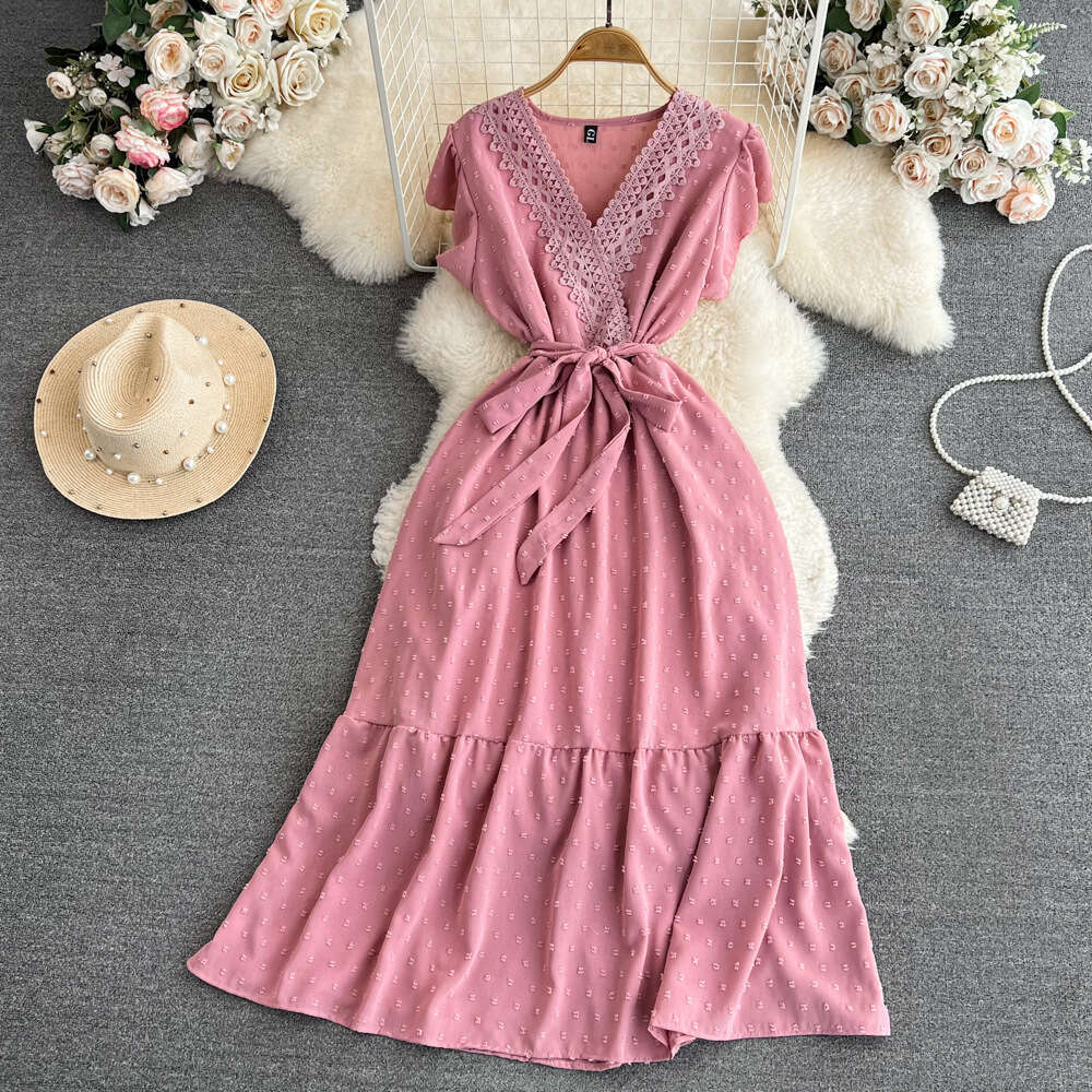 Fashionable women's bubble sleeve V-neck waist cinching tie waist A-line pleated chiffon dress elegant long style