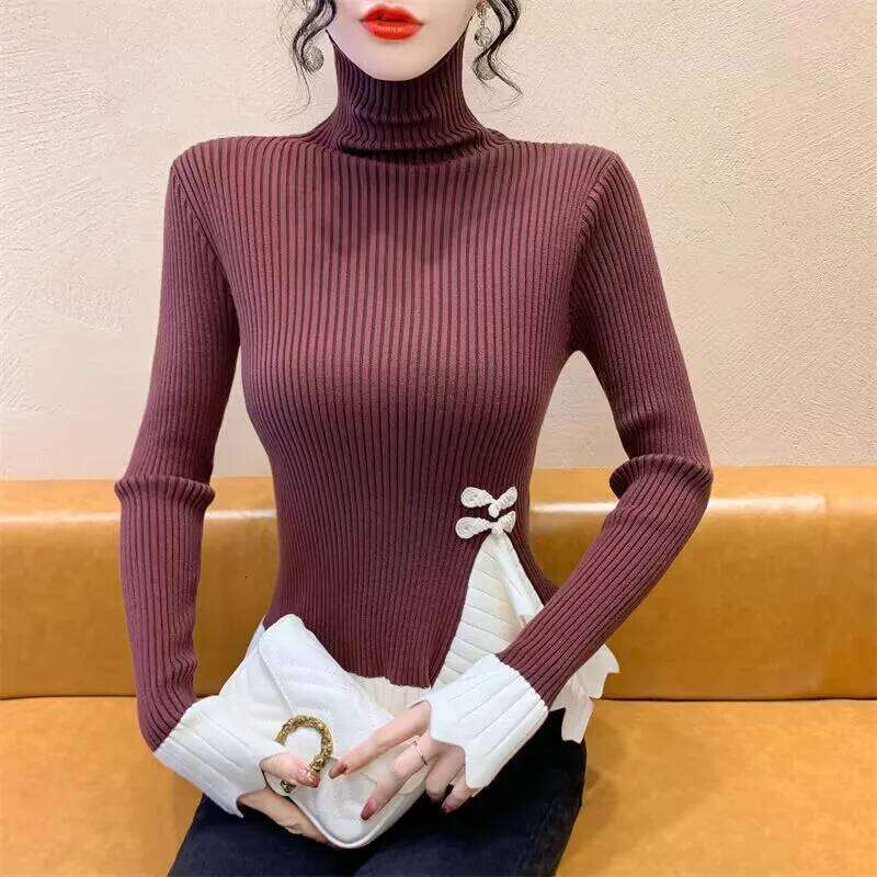 Vintage Knot Button Knitted New Spring Autumn Elasticity Slim Turtleneck Sweater Long Sleeve Office Lady Elegant Shirt Z260314