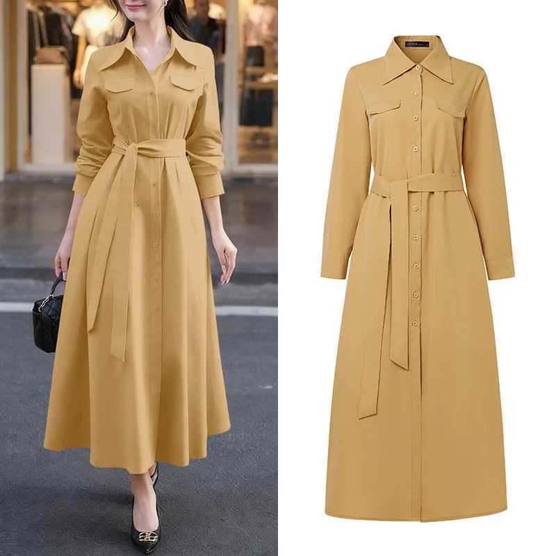 ZANZEA Womens Elegant Maxi Shirt Dresses Turn-Down Collar Long Sleeve Button Up Tie-Waist Long Dress Minimalist Woman ClothesT260316