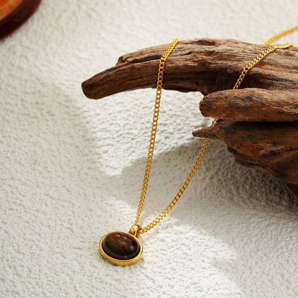 18k natural stone tiger eye plated, mint green, oval anti allergy, stainless steel necklace, women's jewelry gift H260312