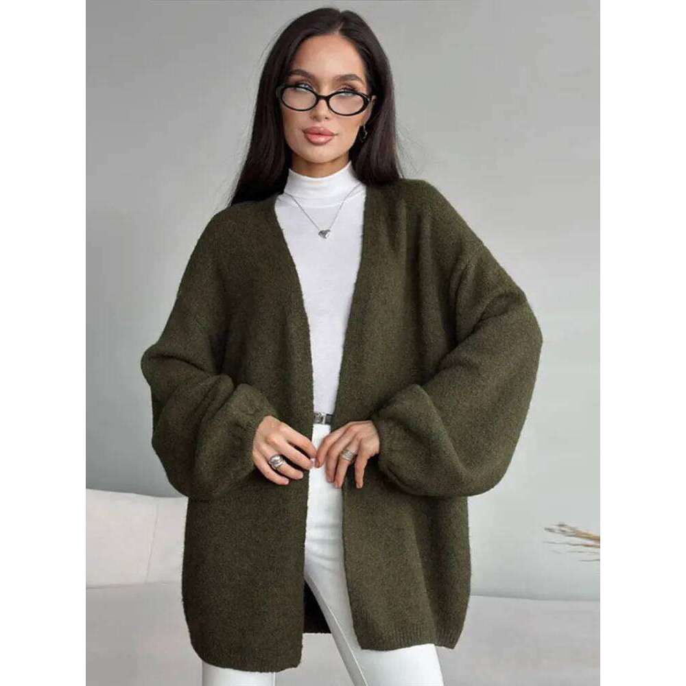 Casual Lantern Sleeve Cardigan V-neck Loose Long Sleeves Drop Shoulder Solid Short Sweater Autumn Winter 2025 All-match Sweaters Z260313