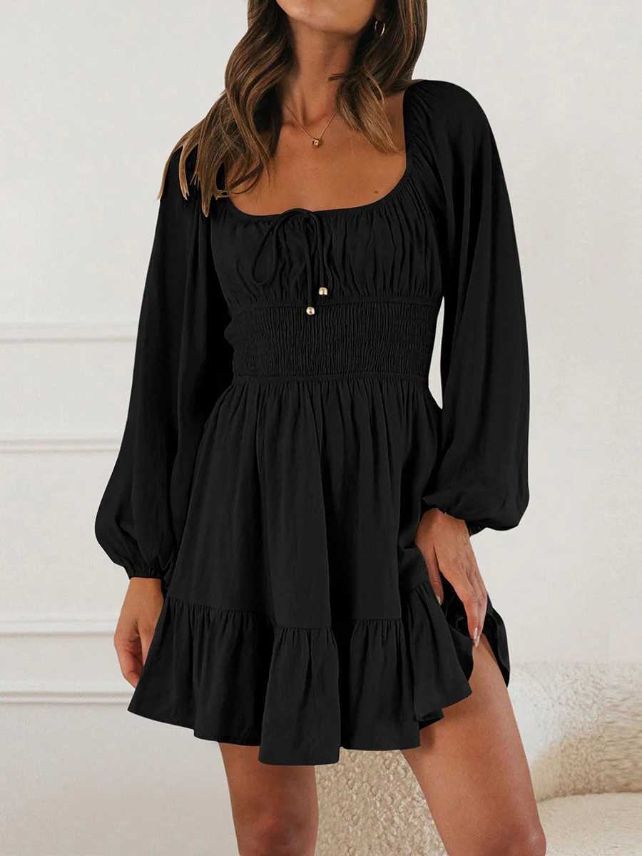 Women s Autumn Short A-line Dress Long Sleeve Square Neck Ruched Tie Up Party DressT260314