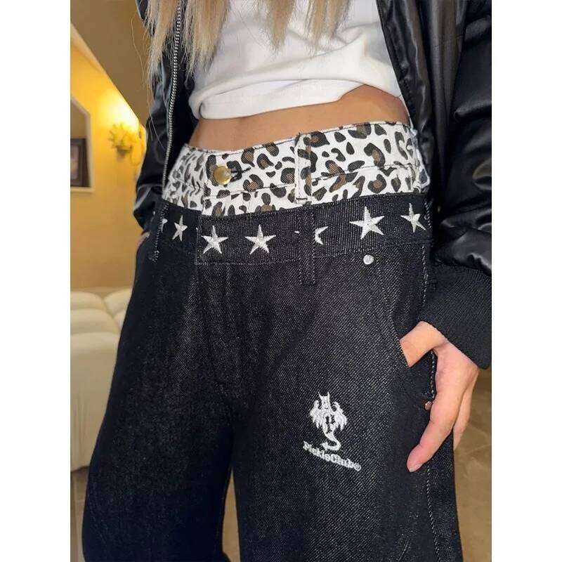 Harajuku American oversized leopard print waist splicing high waisted jeans women y2k hot girls niche star wide-leg pants 22ss Z260313