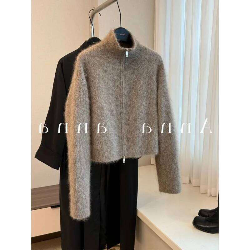 Maillard Brown Mohair Zipper Knitted Cardigan Jacket for Women in Autumn and Winter Loose Soft Top Z260313