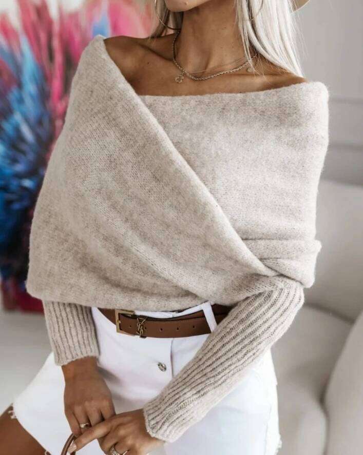 Autumn Lazy Women's Elegant Off Shoulder Cross Knitted Fashion Pullover Casual Outerwear Sweater Z260313