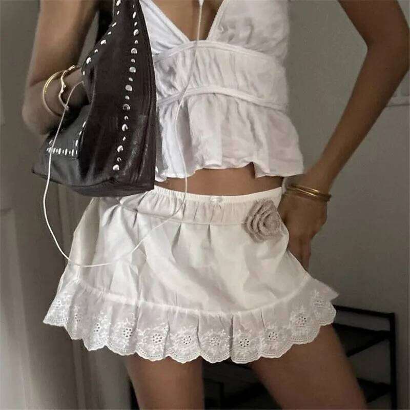 Women Y2k Lace Mini Boho Low Waist Floral Eyelet Short Aline Cute Ruffle Hem Concert Beach Skirt Summer Streetwear Z260314
