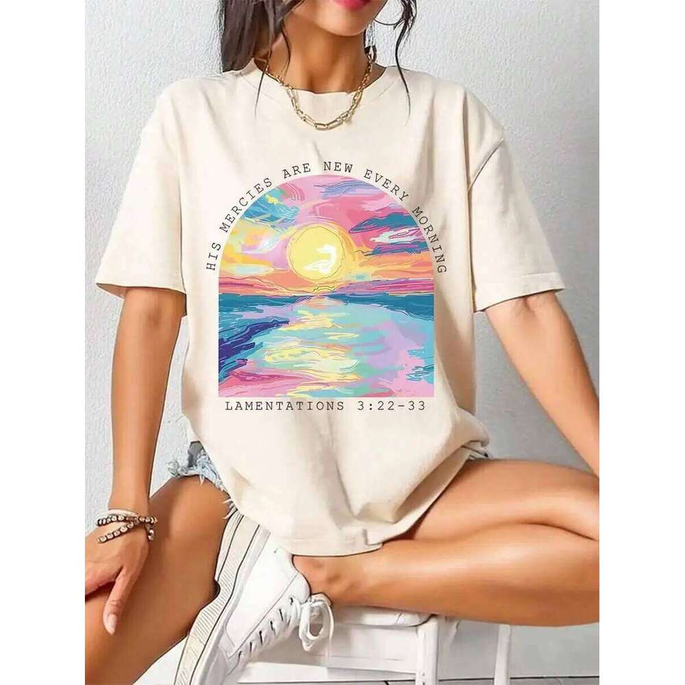 Colorful Oil Painting Sun Beach Design Womens Shirts Cotton Casual T Shirt Summer O-Neck Streetwear Soft Oversized Tops Z260314
