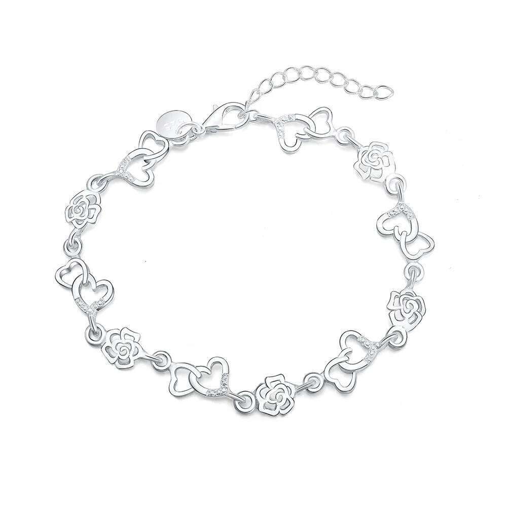 Beautiful 925 Sterling Silver Bracelet for women bracelet HEART lovely FLOWER chain fashion Wedding Party cute lady nice jewelry Z260313