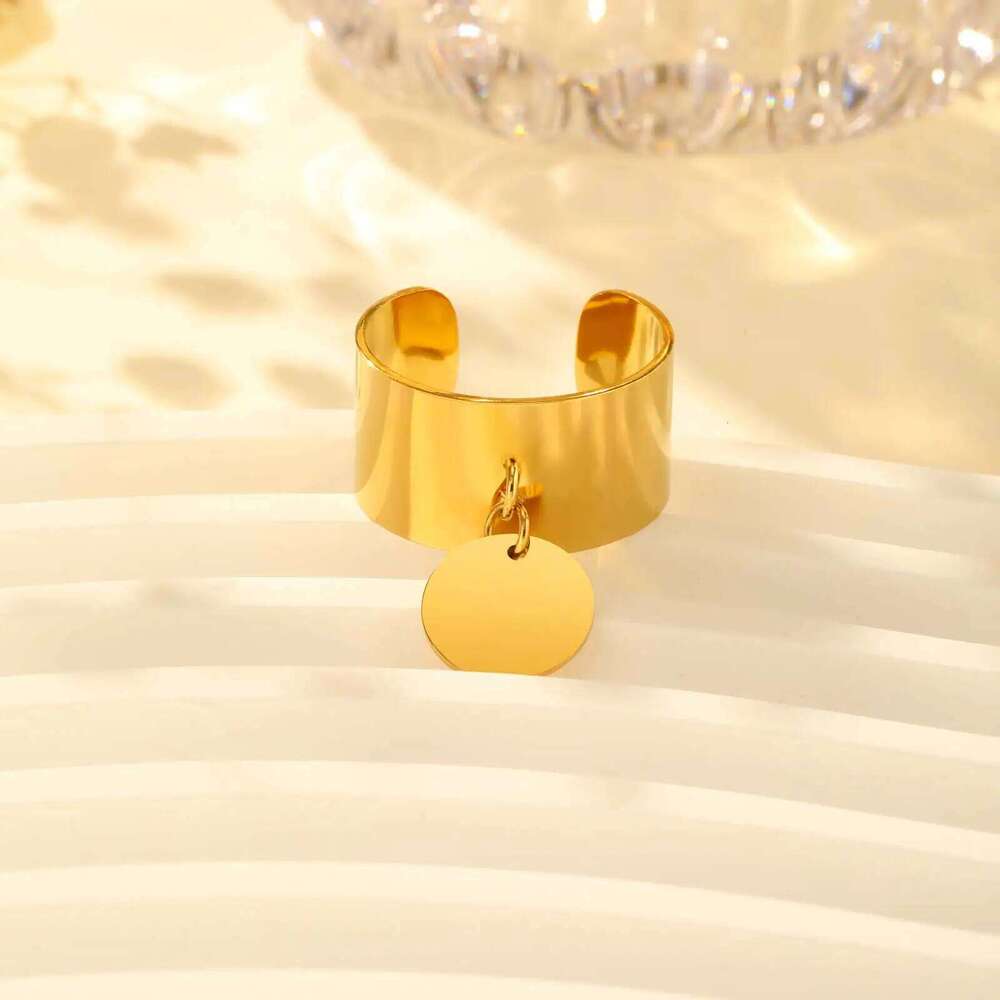 Minimalist Stainless Steel Open Ring with Round Pendant, 18K Gold Plated Charm Wide Ring, High Quality Jewelry for Women H260312