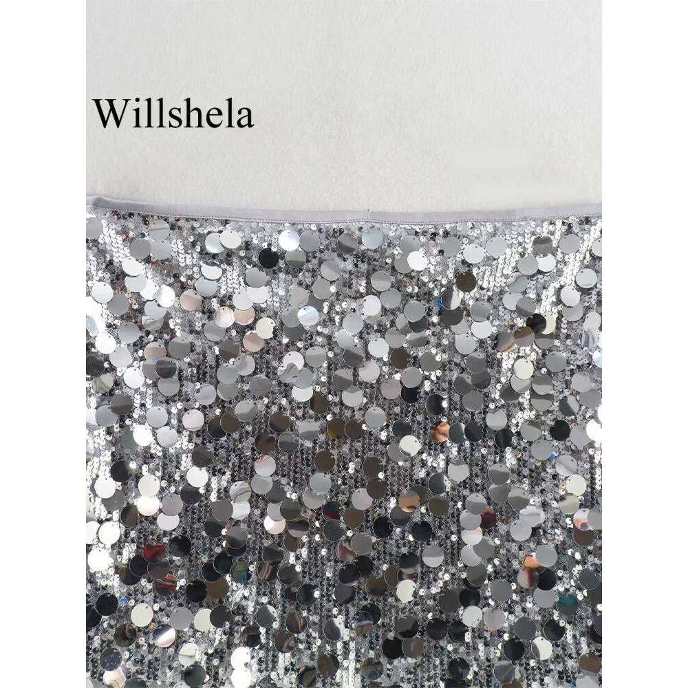 Willshela Women Fashion With Sequined Solid Side Zipper Mini Skirt Vintage High Waist Female Chic Lady Skirts Z260314