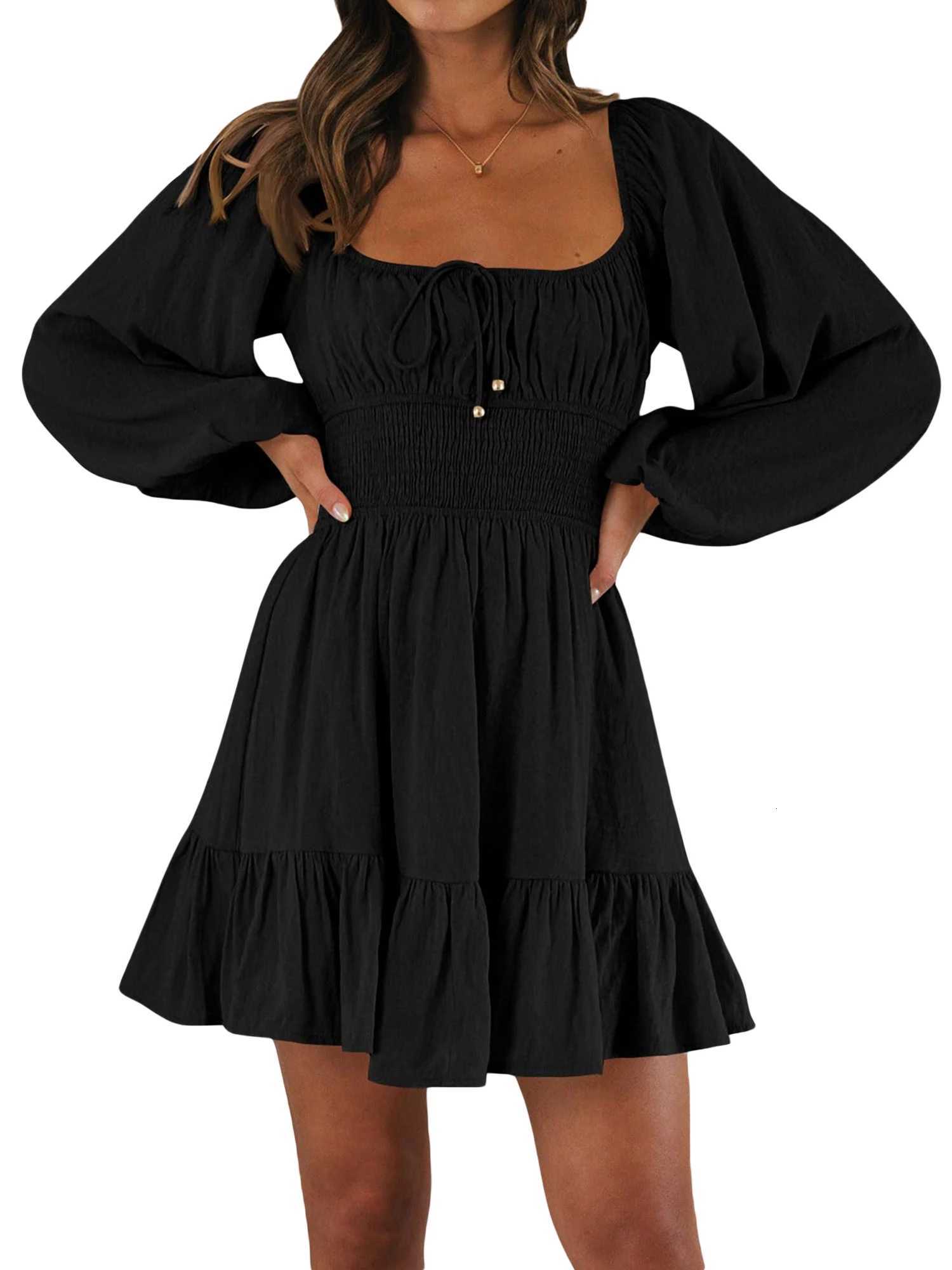 Women s Autumn Short A-line Dress Long Sleeve Square Neck Ruched Tie Up Party DressT260314