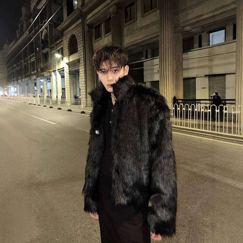 Autumn Winter New Fashion Men's Black Solid Color Casual Trendy Loose Stand Collar Long Sleeve Faux Fur Coats Male Clothes Tops Z260313
