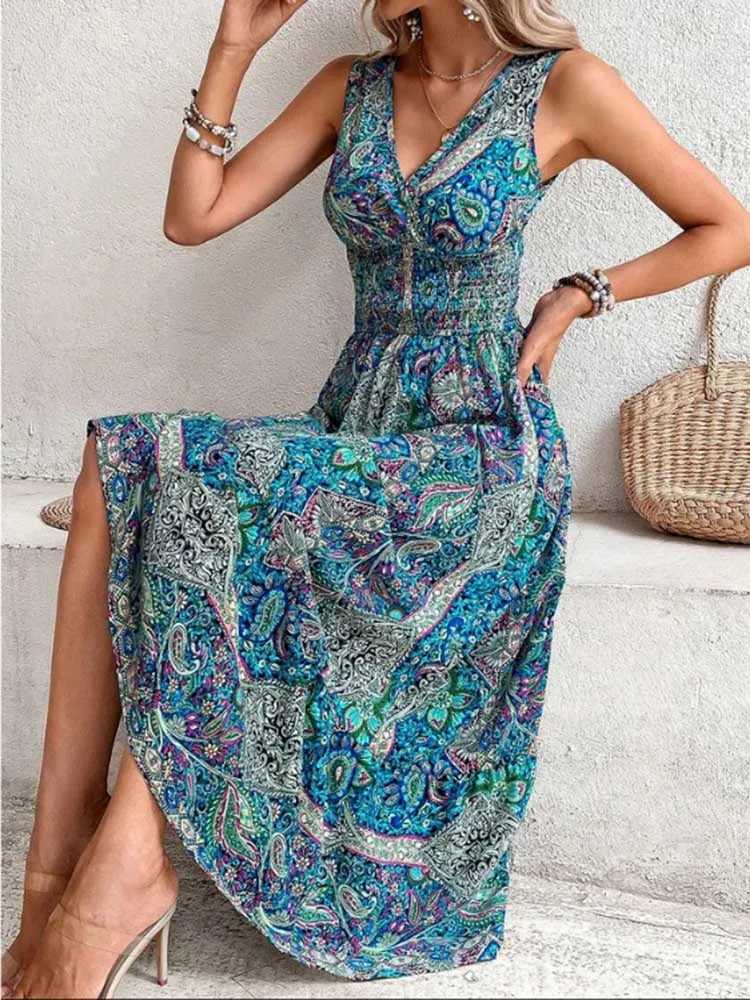 Fashion Sleeveless Maxi Boho Dress Women 2024 Summer Print Elastic Waist Bohemian Elegant Tank Long Dresses For Women Robe FemmeT260316