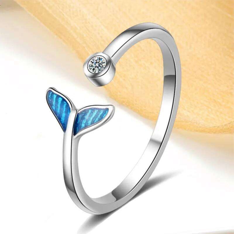 New Creative Beautiful Sweet Blue Fishtail 925 Sterling Silver Jewelry Fashion Fish Crystal Personality Opening Rings R070 H260312
