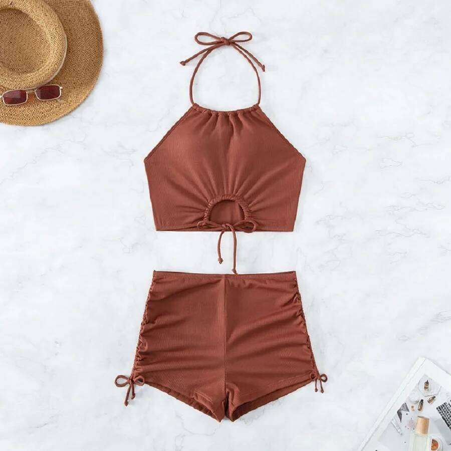 Women's solid color halter split flat Angle sports beach bikini swimsuit set Y260303