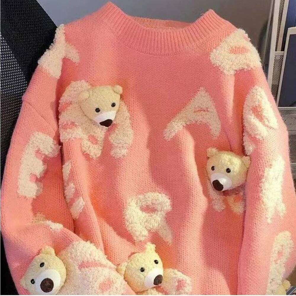 Women's Autumn Winter Cute Bear Letter Sweater Pullovers Lady Fashion O-Neck Loose Knitted Top Falls New Knitwear Clothes Female Z260313