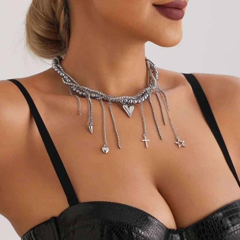 2025 Multilayer Vintage Star Heart Tassel Link Pendant Choker Necklace Creative Imitation Pearl Chain Party Jewelry Gifts H260312