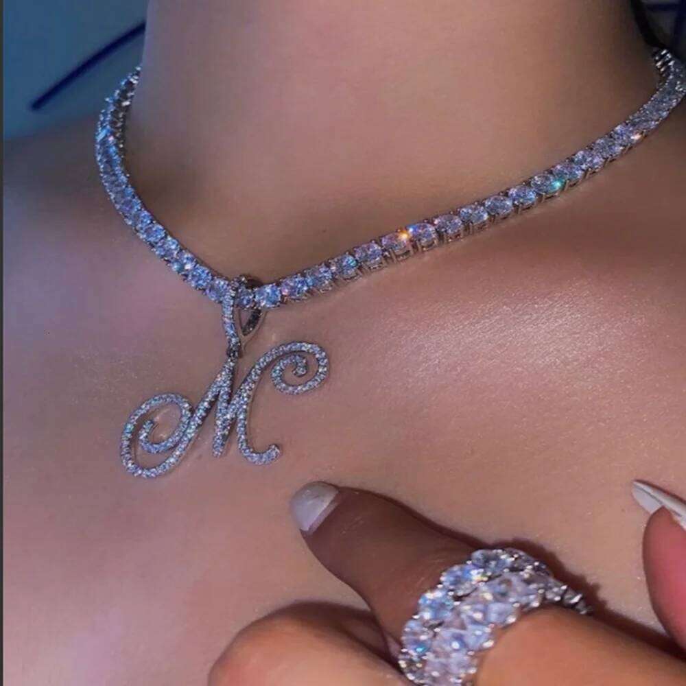New Cursive Letters Cubic Zirconia Chain Intial Name Necklace Hip Hop Jewelry Gold Silver Color CZ 26 Alphabet Pendant Necklaces H260312