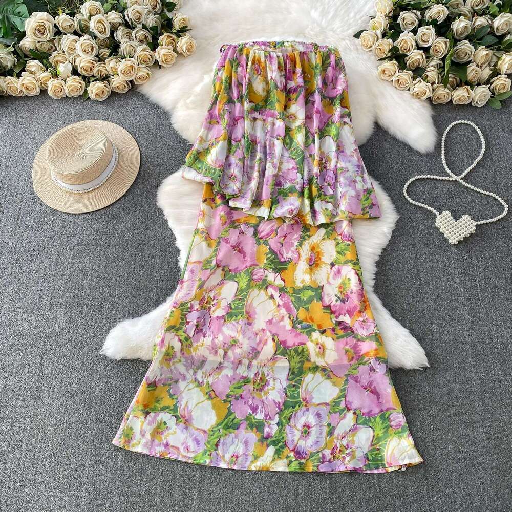 Vintage A13 French vacation style charming and elegant women's printed strapless dress paired with a niche elegant cape