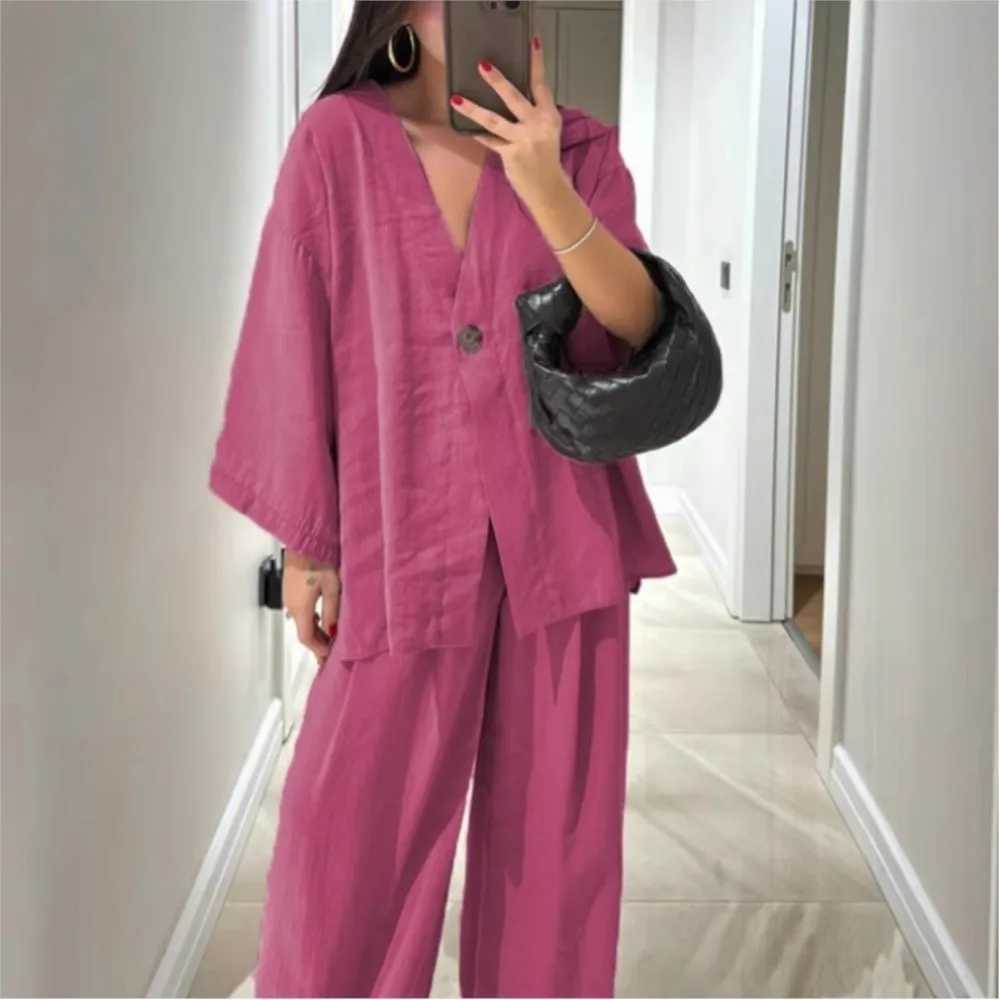 WomenS Classic Solid Wide Leg Pants Suits Summer Fashion V Neck One Button Loose Blouse Sets Casual Female Daily Streetwear2025 M260313
