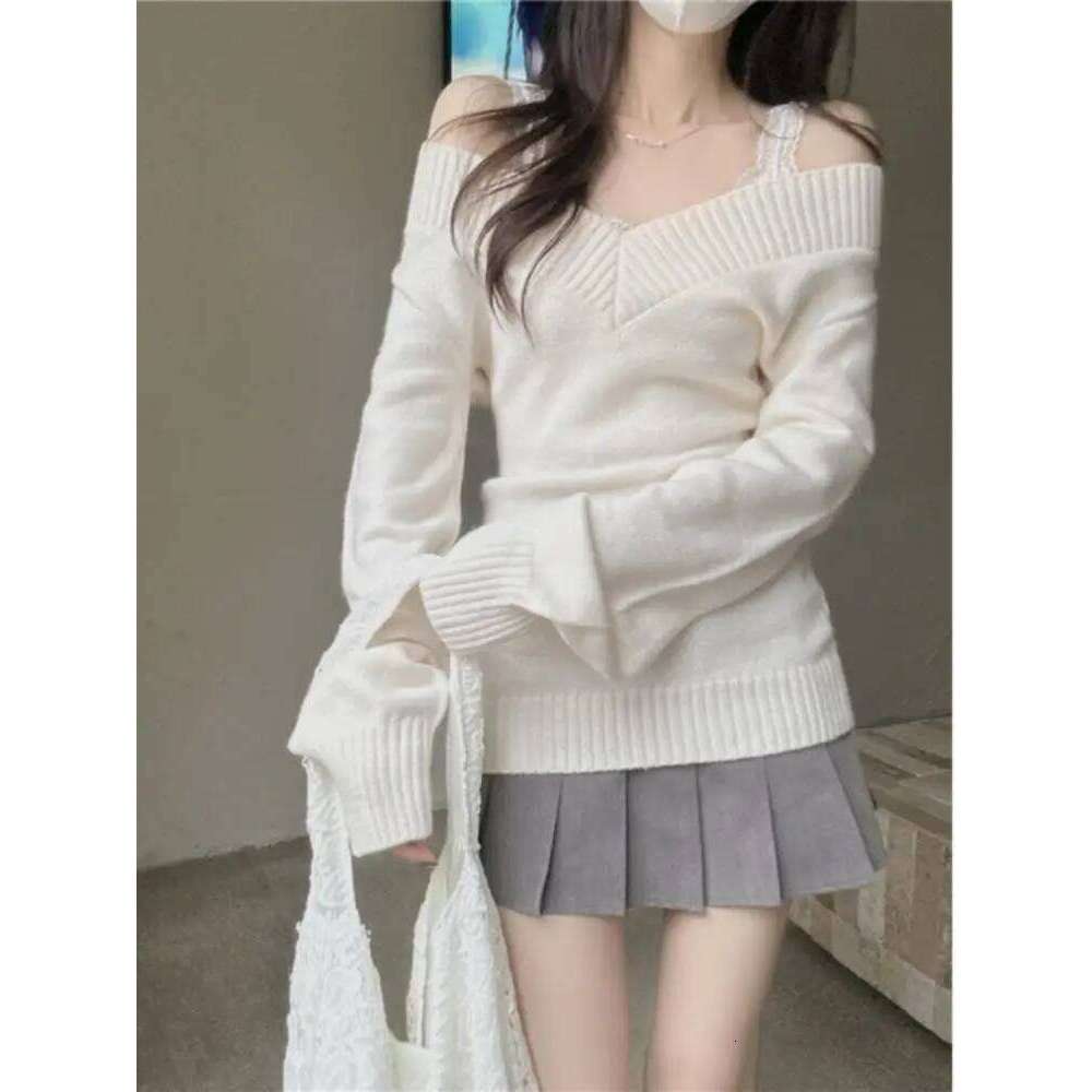 Women Retro V-Neck Slim Fit Long Sleeve Knitted Sweater Summer Soft Versatile Overhead Top Ins Commute Casual Wear Z260313