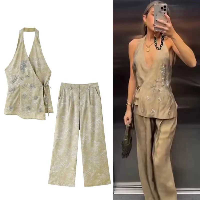 Chic Bead Embroidery Long Pants Set Women Lace Up Backless Sleeveless Tank Top Wide Leg Trousers Suits 2025 Woman Outfits M260313