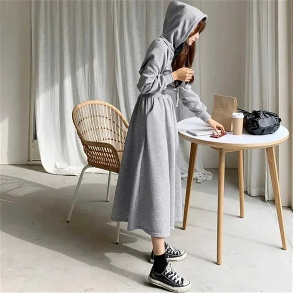 Hooded Hoodie Dresses Loose Dress Slimming Waist Casual Comfortable Long Skirt Korean Style Autumn Winter Simple Solid DressT260314