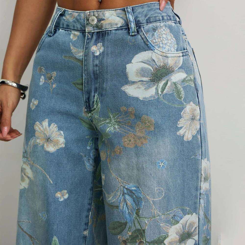 2025 New Y2K Women's Floral Print Denim Pants Lightweight Mid Waist Loose Wide Leg Jeans Trousers Z260313