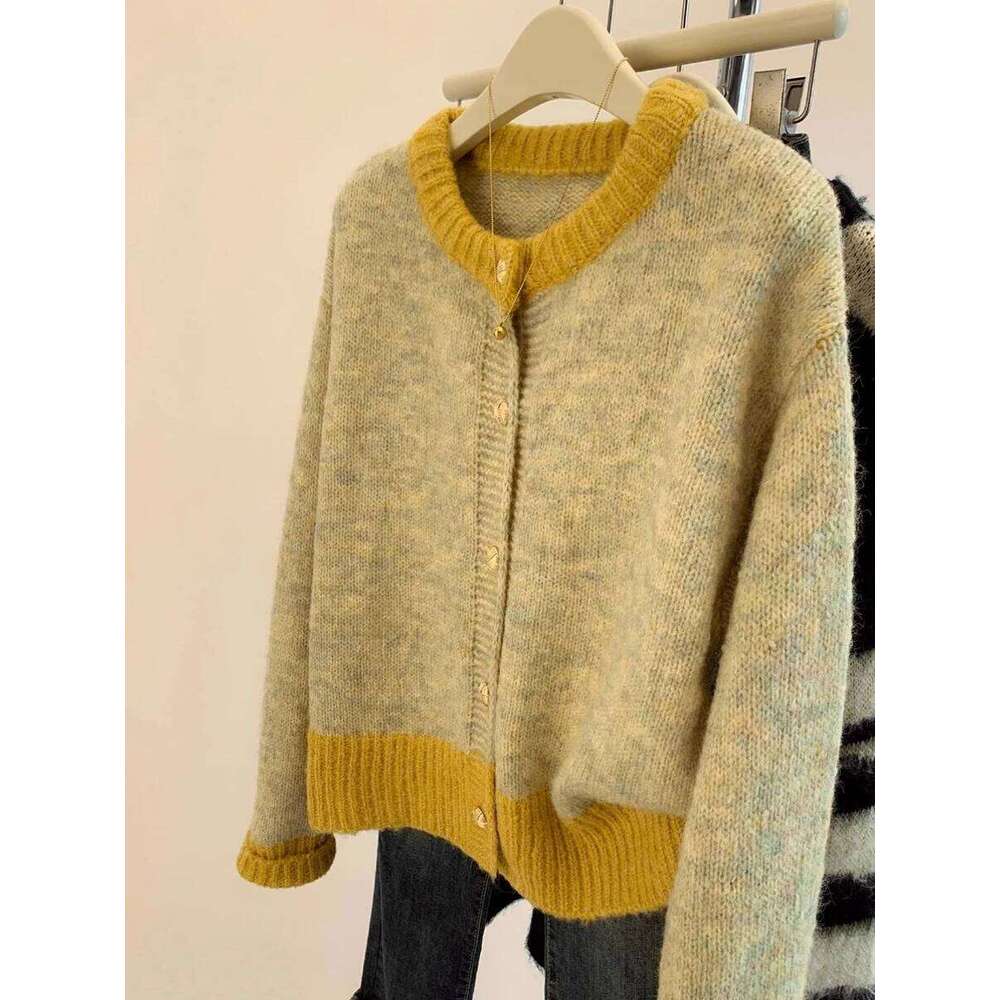 Single Breasted Pink Short Sweater Coat For Women Autumn Winter Lazy Small Knitted Cardigan Female O-Neck Splicing Color Top Z260313