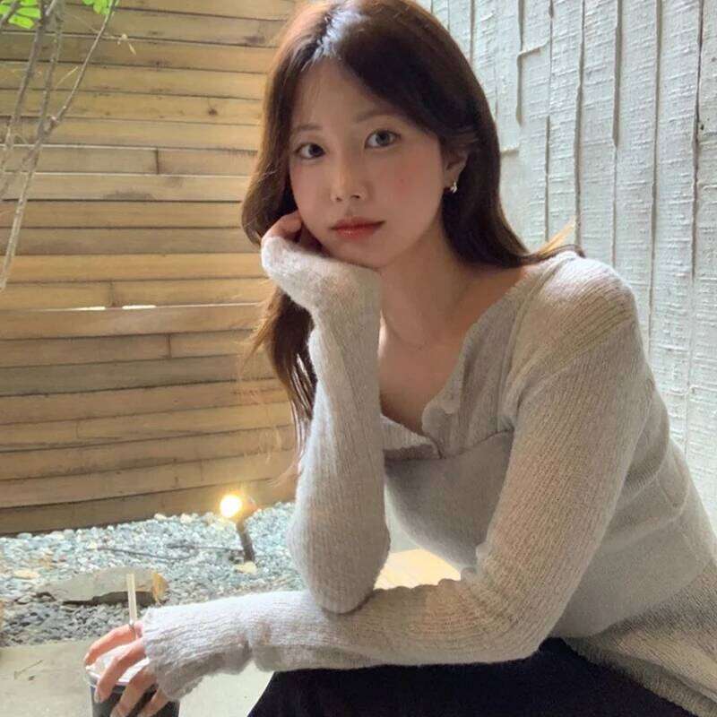 Solid Single-Breasted Tops Summer O-neck Long Sleeves Knitted Cardigan+Korean Slim Fit Tank Versatile Crop Top Two-Piece Set Z260313