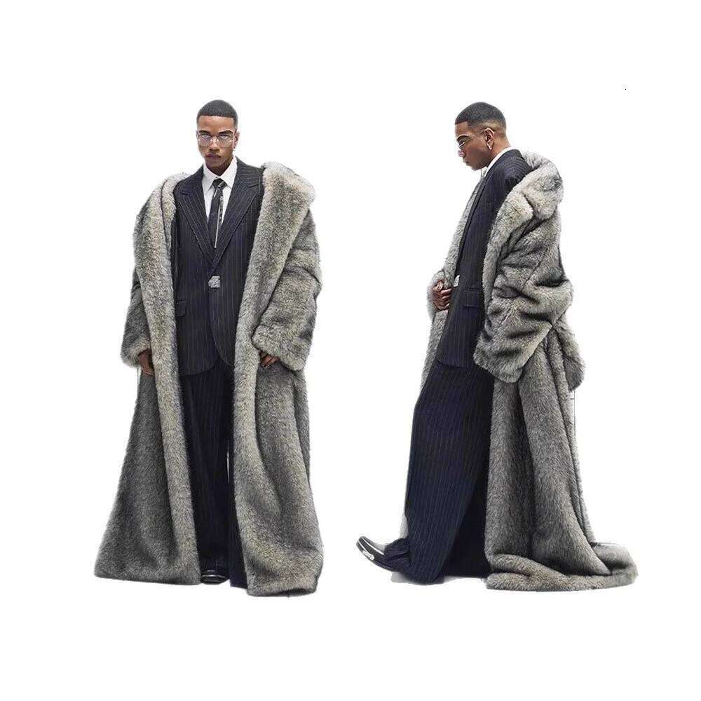 Men Faux Fur Jacket Long Coat Full Length Thick Fluffy Warm Shaggy Outerwear Business Turn Down Collar 2025 Winter Overcoat Z260313