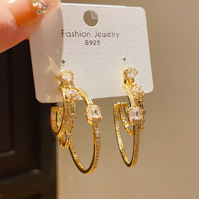 Silver needle metallic light-luxury diamond-embellished hollow geometric circular three-layer earrings with a niche high-end exquisite temperament