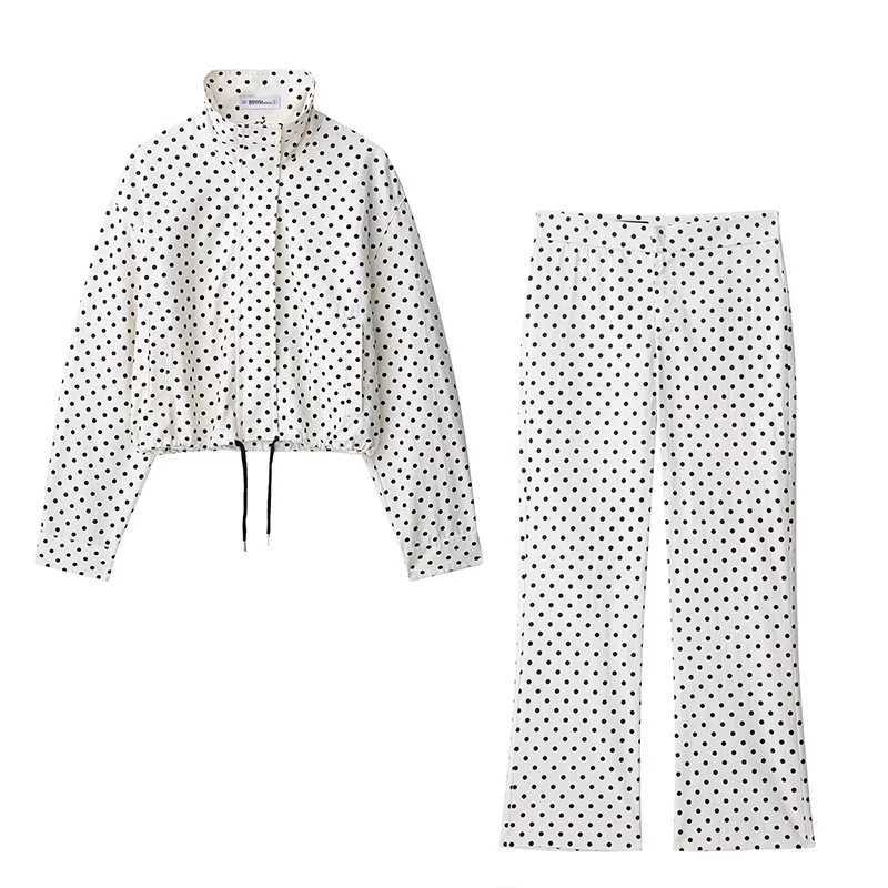 Fashion Polka Dot Shorts Sets For Women 2025 Autumn Drawstring Bomber Jacket High Waist Shorts 2 Pieces Set Woman Outfits M260313